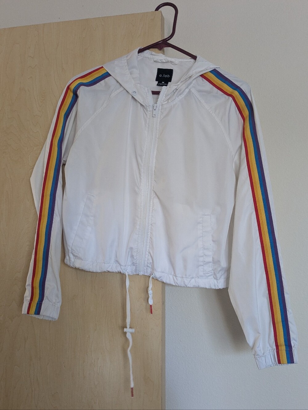 Retro Rainbow Stripe Windbreaker Jacket with Hood, Size Medium